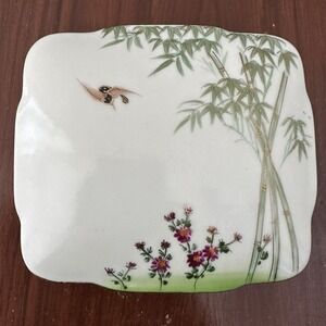 VTG Porcelain‎ Trinket Box 4 Inch Flower Bird Bamboo Tree Occupied Japan Signed